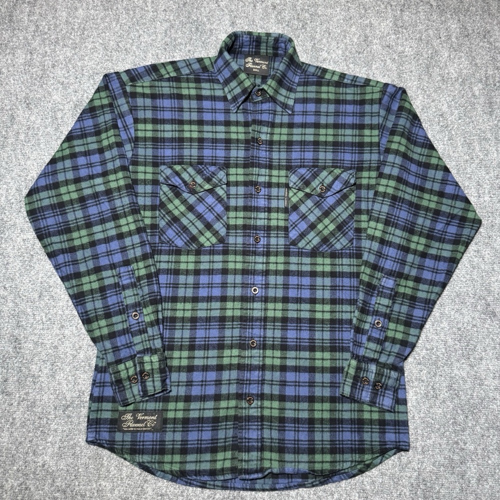 THE VERMONT FLANNEL CO Sz Small Heavy Weight Flannel Shirt Blue/Green Plaid USA